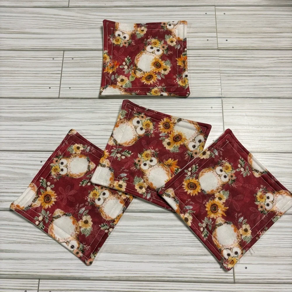 Handmade Fall Owl Print Reusable Washable Fabric Coaster Set